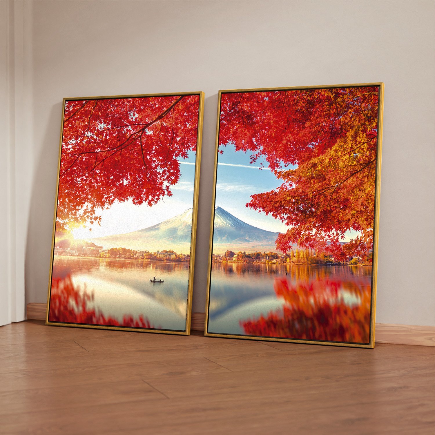 Quadro Decorativo 2 Telas Monte Fuji ao Pôr do Sol