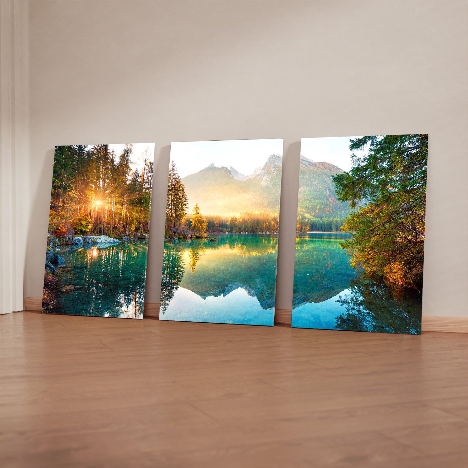 Quadro Decorativo 3 Telas Natureza Lago Floresta e Montanhas