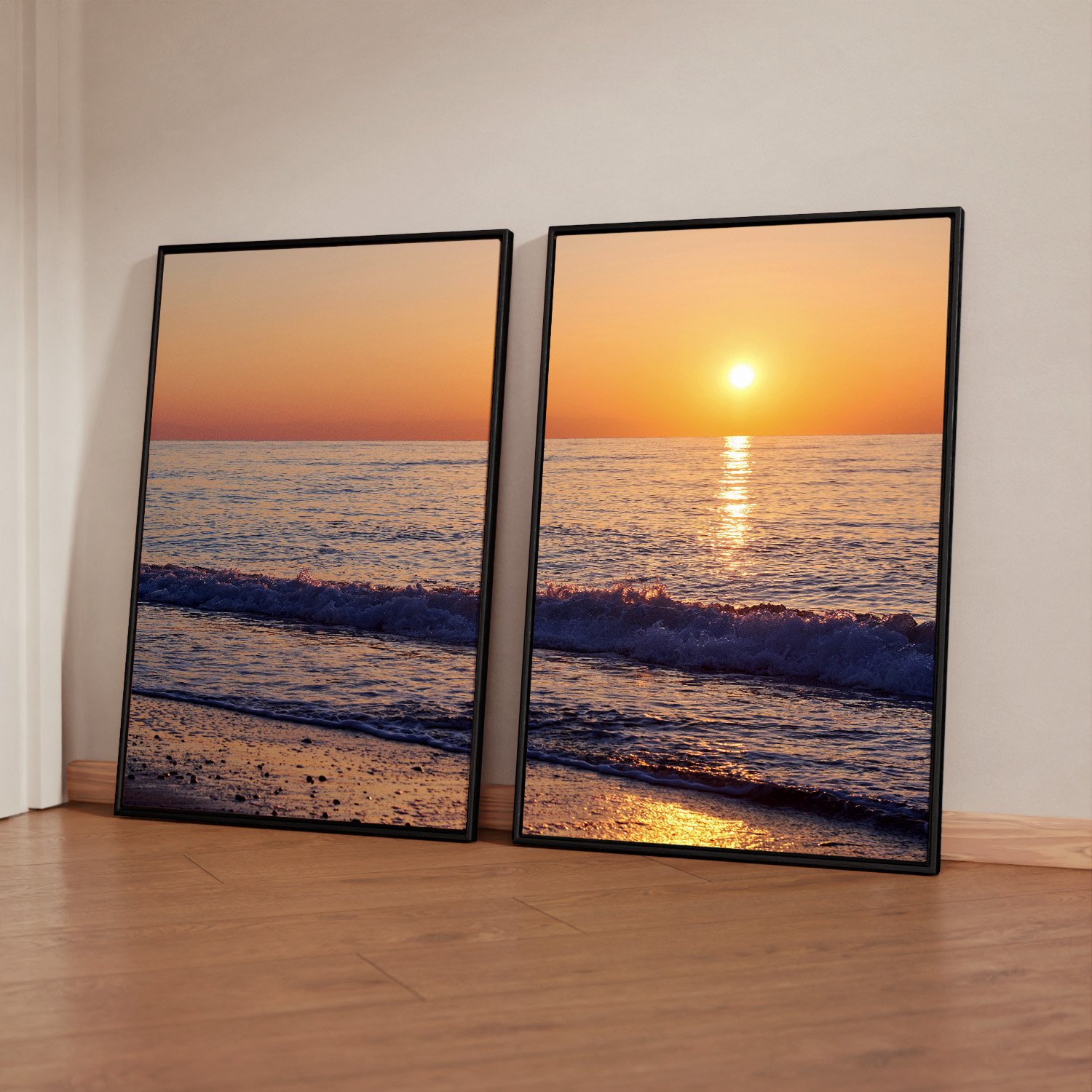 Quadro Decorativo 2 Telas Paisagem de Praia ao Entardecer com