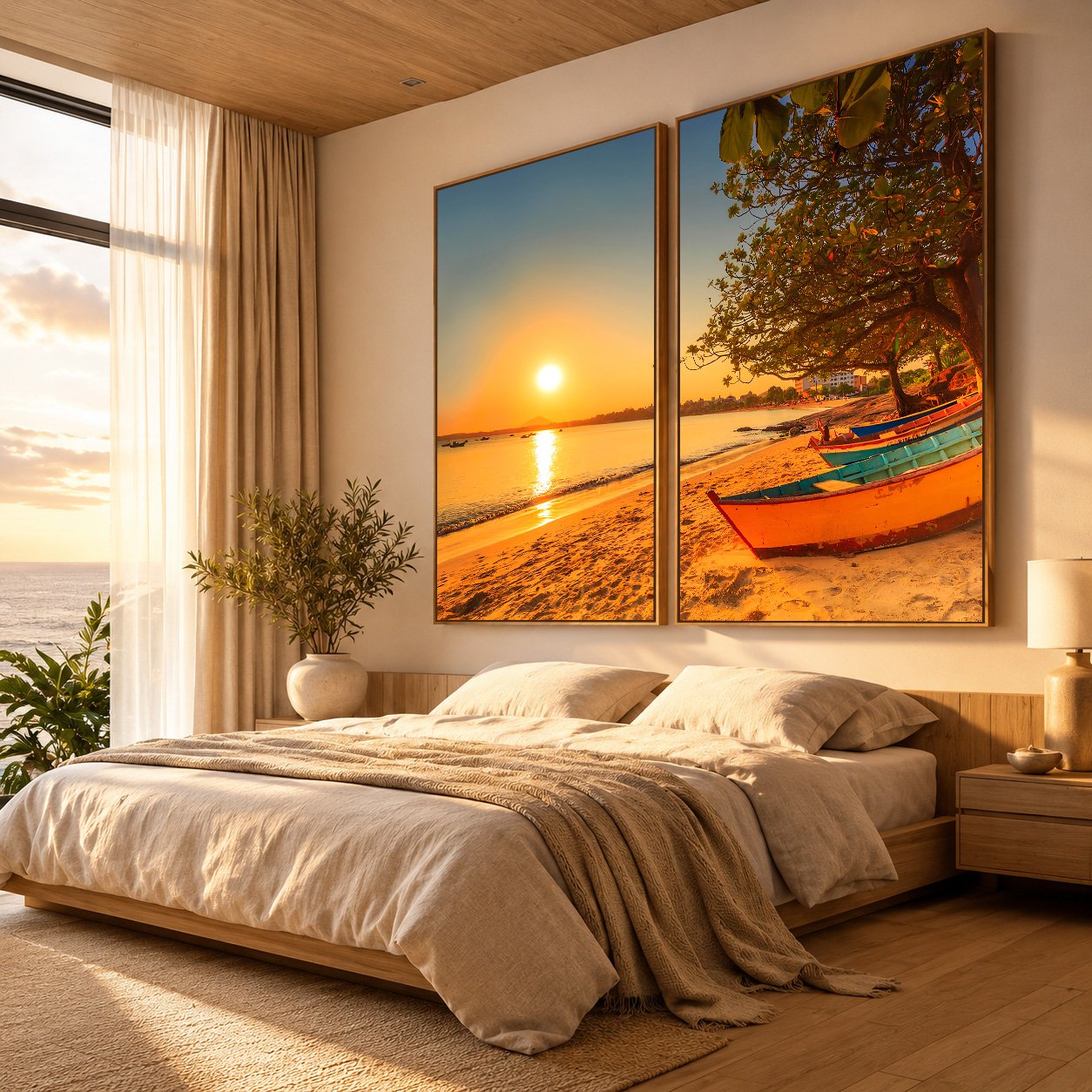 Quadro Decorativo 2 Telas Natureza Barco na Praia ao Pôr do Sol